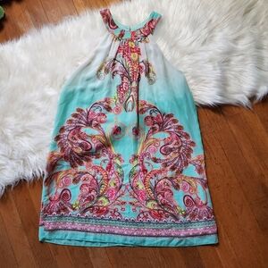 Midnight Doll Teal and Pink Paisley Halter Dress